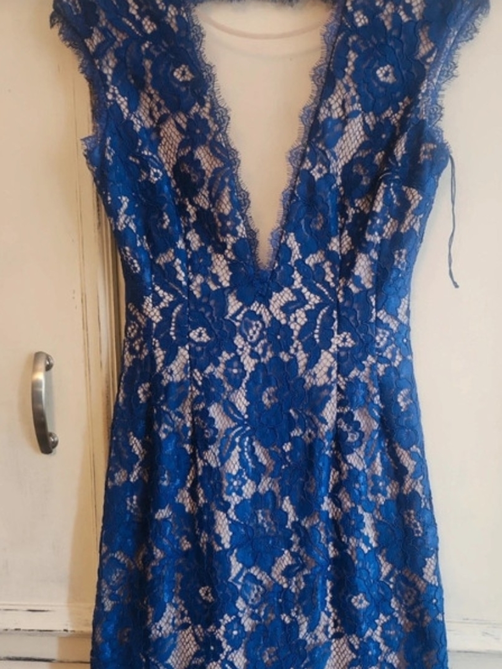 Aidan Mattox Blue Lace Deep V Dress